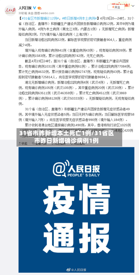 31省市昨新增本土死亡1例/31省区市昨日新增确诊病例1例